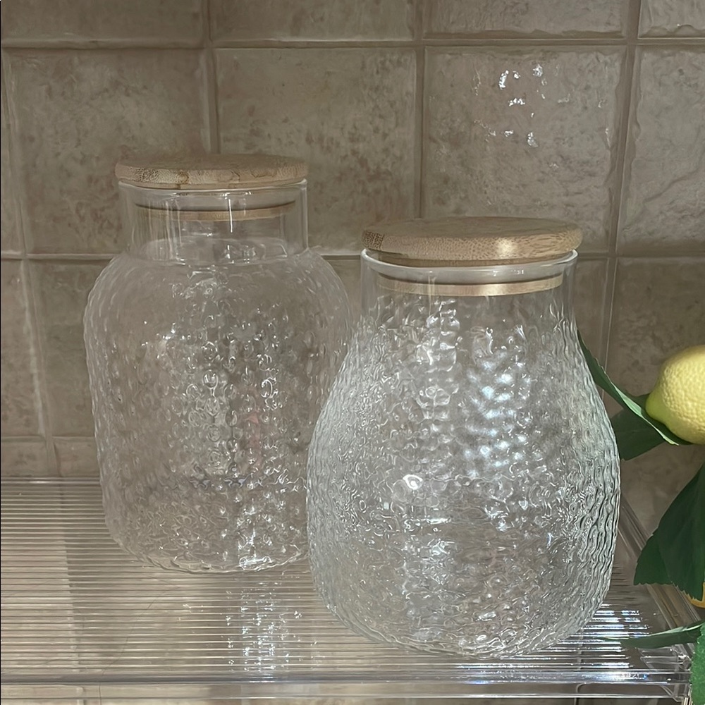 2 Piece Textured Glass Storage Jars with Bamboo Lids